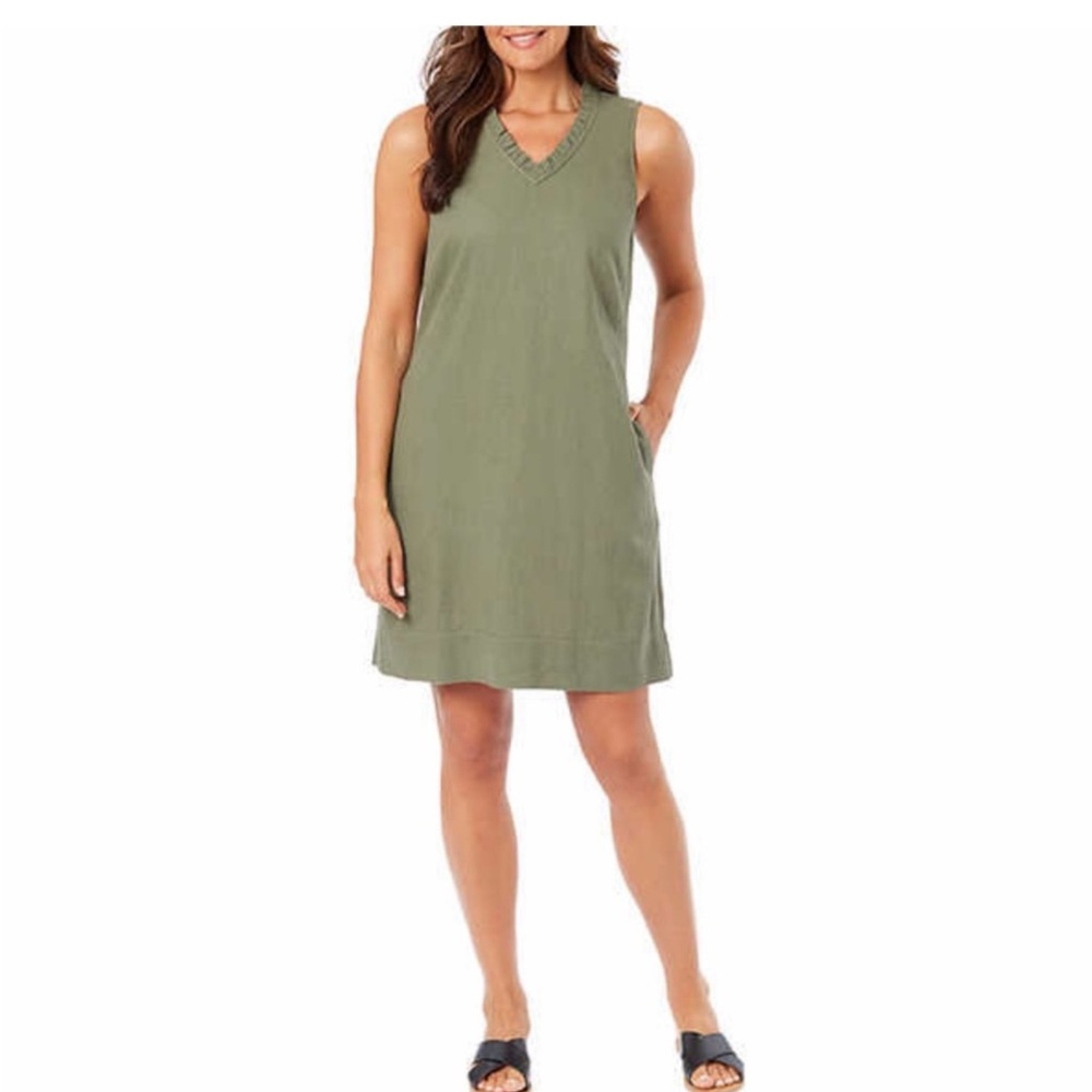 Briggs Ladies Women Ruffle V-Neck Linen Blend Dress, Green ( Olive )